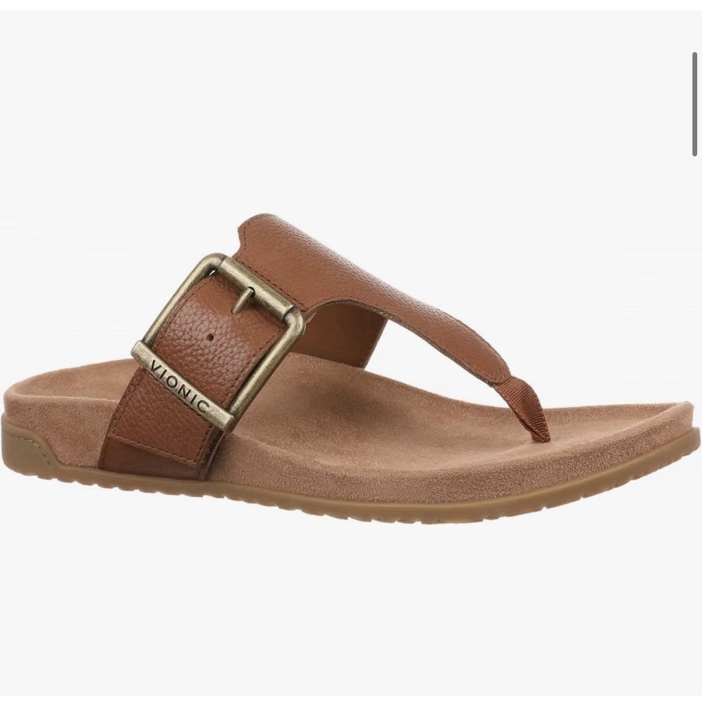 Vionic Emma Tan Brown Sz 8.5 Thong Slip On Sandals Brass Buckle Leather NEW